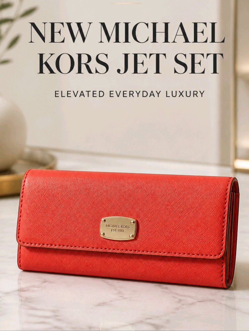Michael Kors Jet Set Leather Slim Long Wallet Card Holder Sienna Red Orange New
